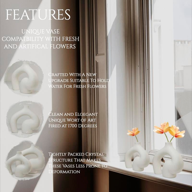 Aesthetic Ceramic Pampas Vase - Unique Modern Vases for Living Area, Office, Table, and Home Decor - Centerpiece Decorative Vase with Decent Design | Handmade | White Flower Boho Room Ornaments Light